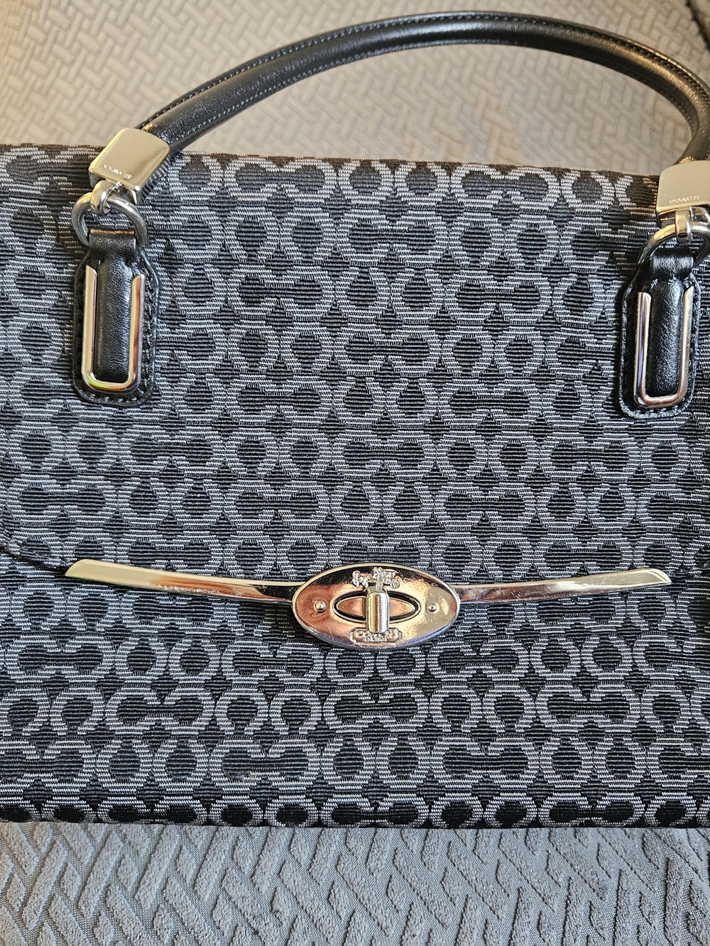 Coach Gray and Black Signature Jacquard Satchel with Silver Hardware